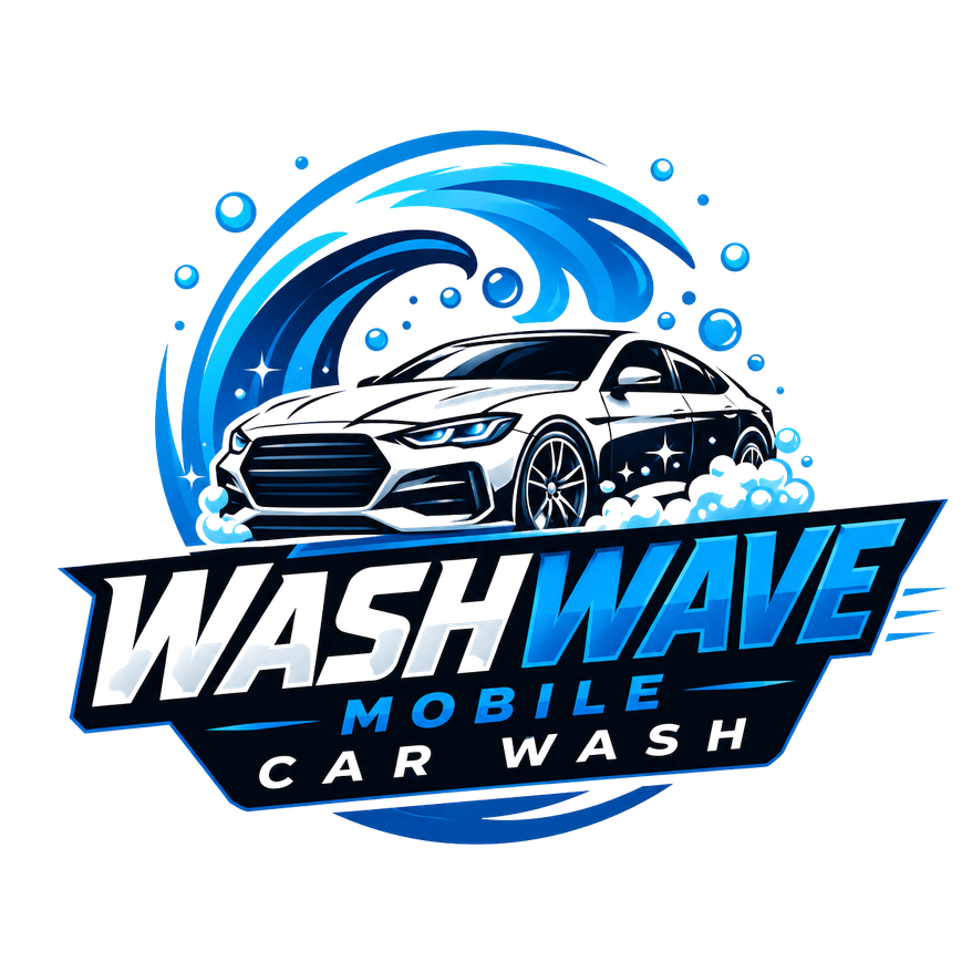 Wash Wave Mobile Car Wash logo: a silver car beneath a blue wave
